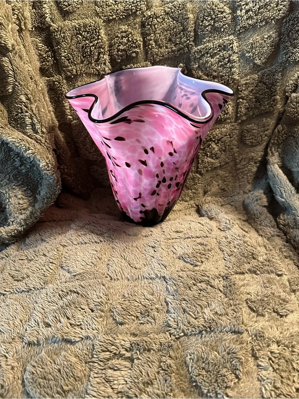 Hand-Blown Pink Art Glass Vase with Black Accents